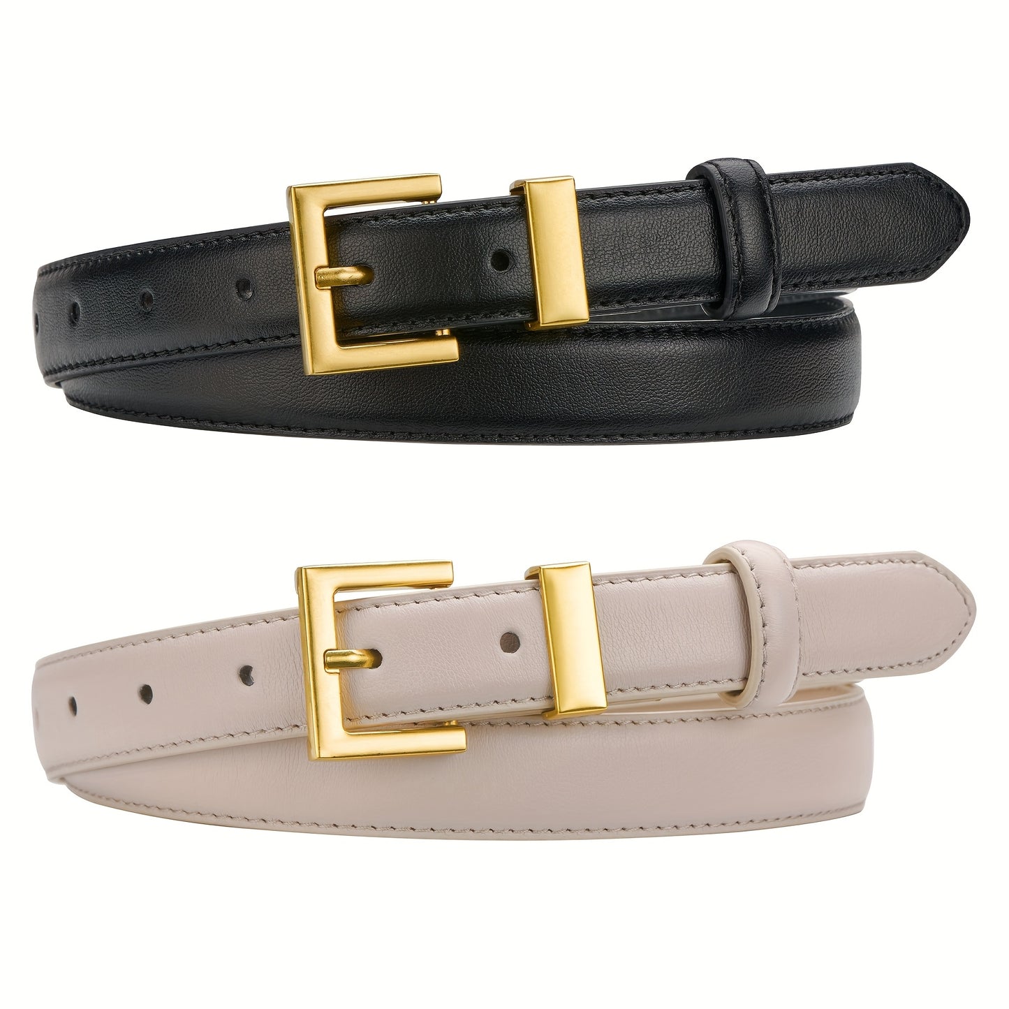 Lot de 2 ceintures pour femmes – Style décontracté, légère, tissage non textile, boucle carrée dorée