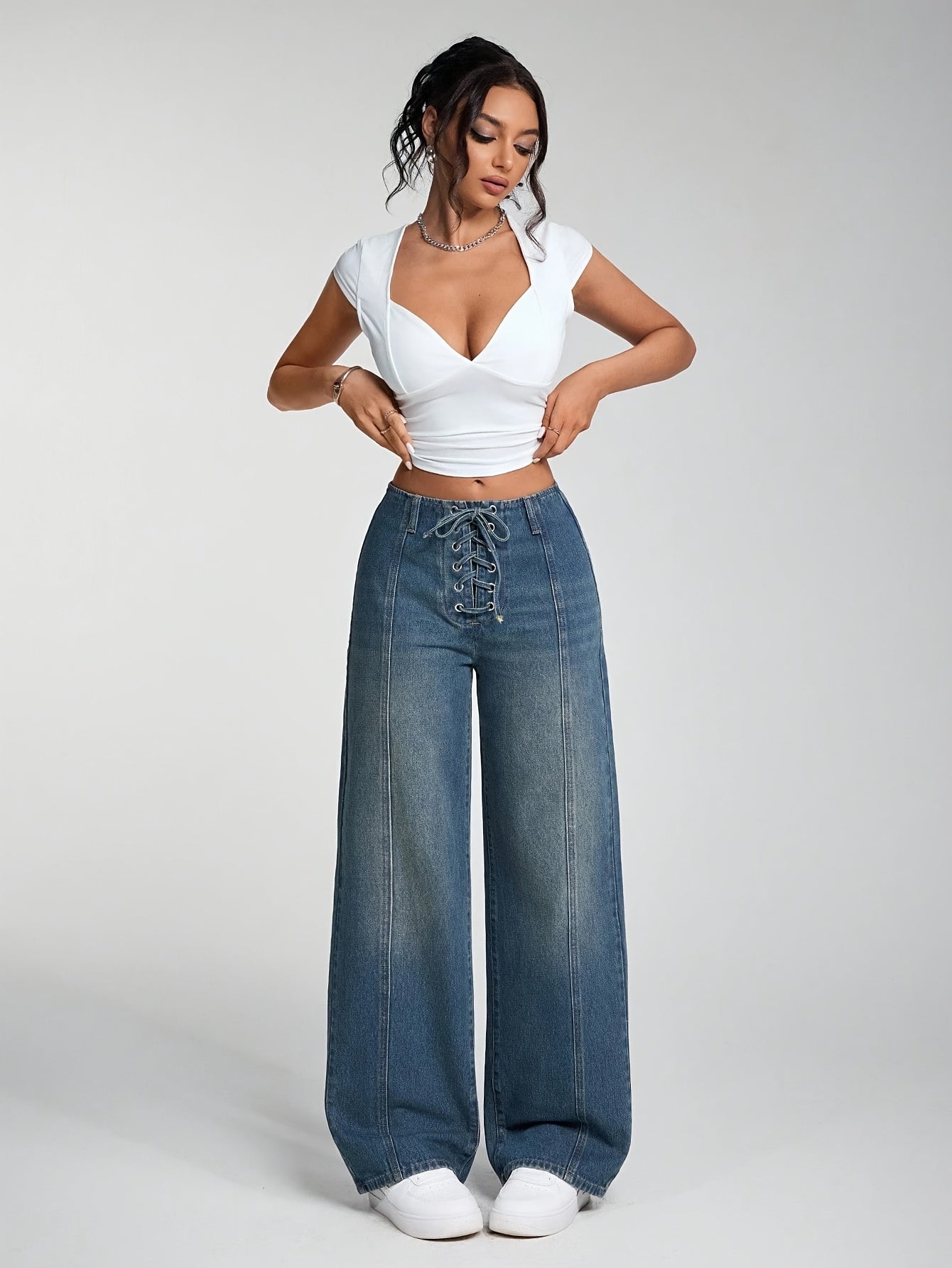 Jeans Femme Élégant Taille Haute Jambe Droite Bleu Clair Ceinture Croisée Sans Extensible Toute Saison Polyvalent Décontracté et Formel