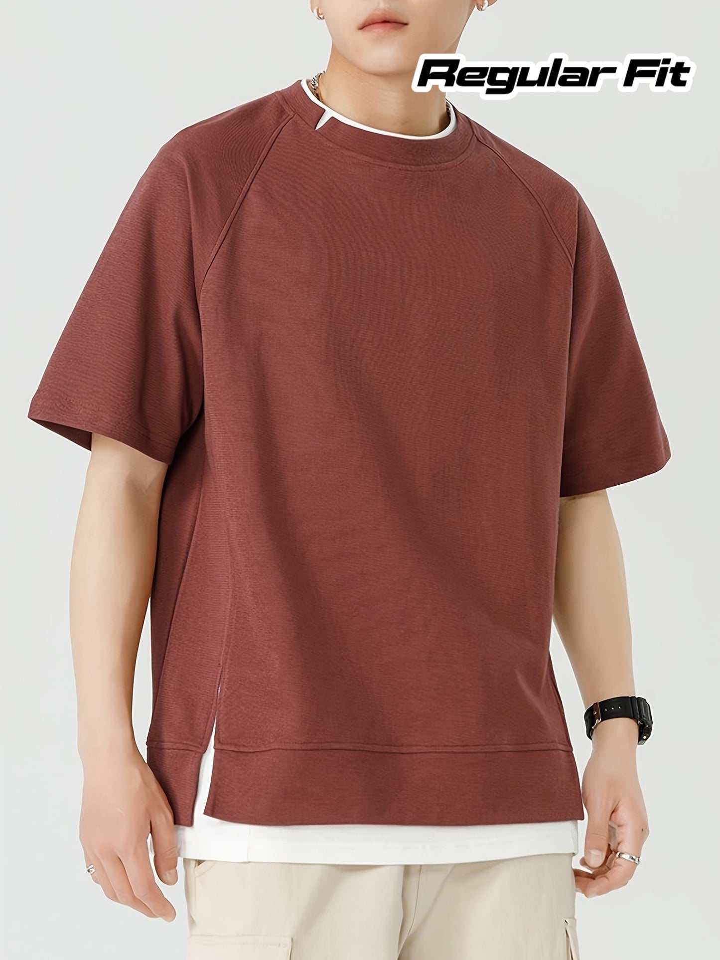 Men's Summer Casual Raglan Sleeve T-Shirt - Contrast Color-Blocked Faux Two-Piece Design, Solid Color Black Regular Fit Round Neck Tee, Machine Washable for Teens & Adults