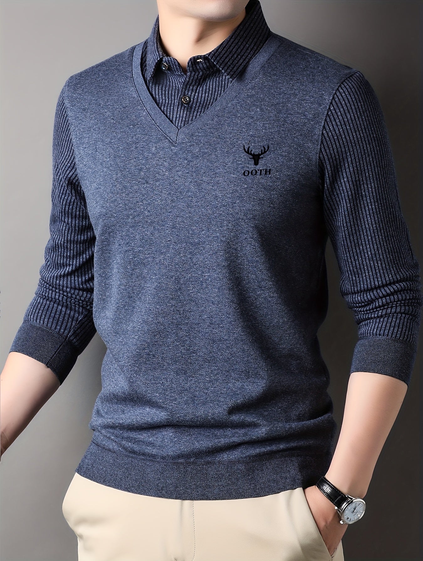 Men'S Spring And Autumn Thin Fake Two-Piece Lapel Button Long-Sleeved Knitted Pullover, Chest Embroidery, Button Placket, Suitable for Daily Commuting, Travel And Office And Other Scenes, Is The First Choice for Gifts