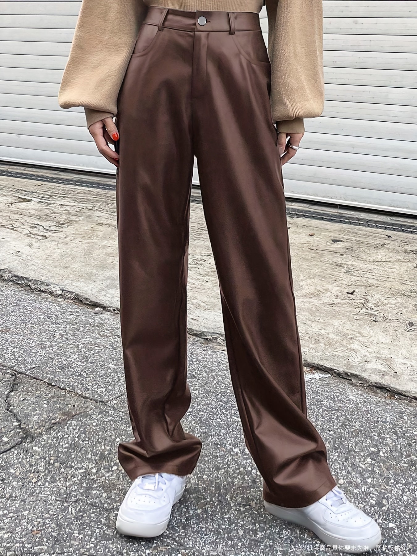 Pantalon Femme Taille Haute – Jambe Droite Marron, Élégant, Bureau et Décontracté, Poches Latérales, Extensible, Tous Saisons