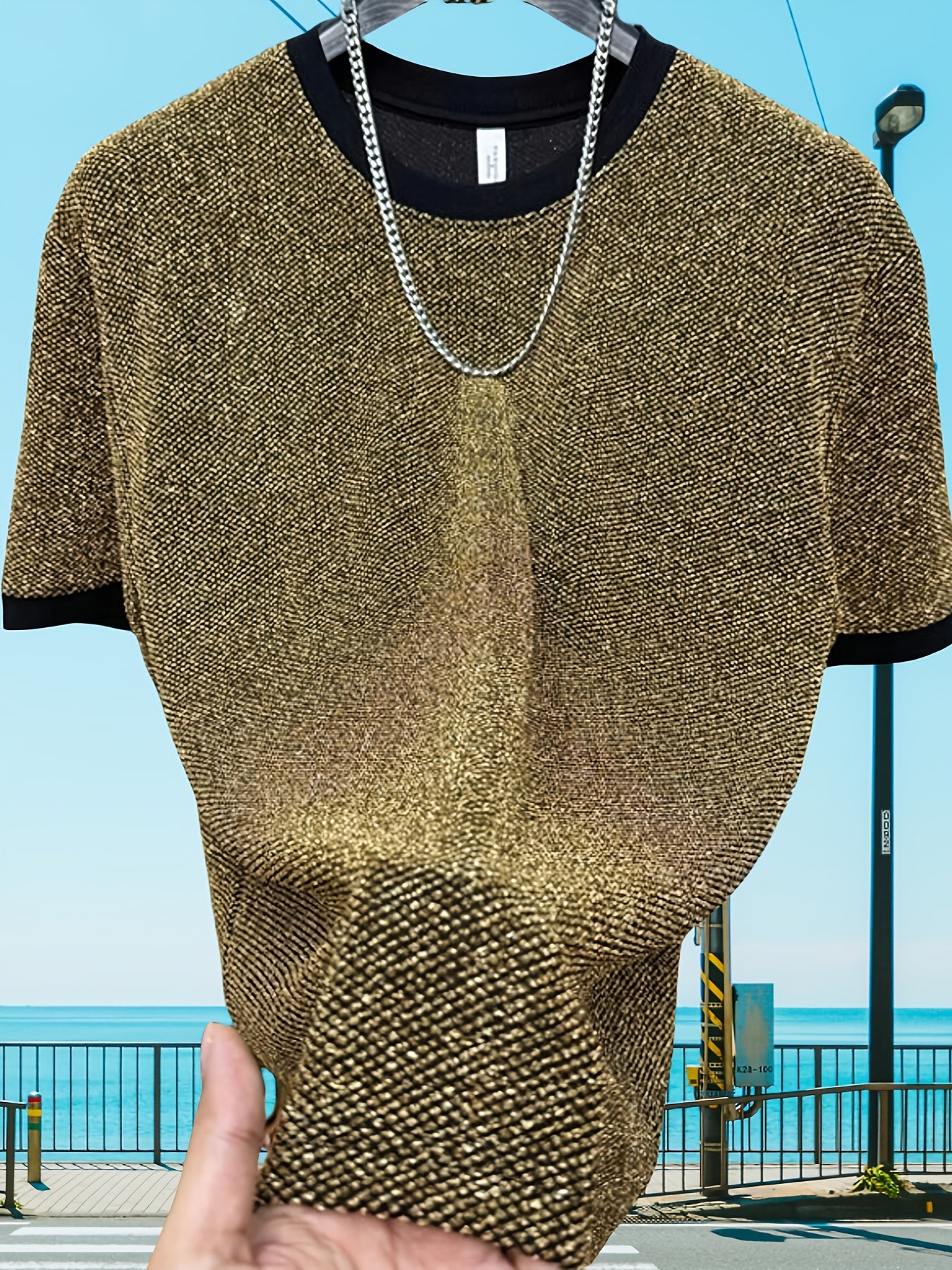 Men'S Stylish Black Short Sleeve T-Shirt with Golden Accents - Casual Round Neck Summer Top, Metallic Finish, Lightweight Fabric, Perfect for Casual Attire, Versatile Clothing | Round Neckline Shirt | Metallic Finish Shirt