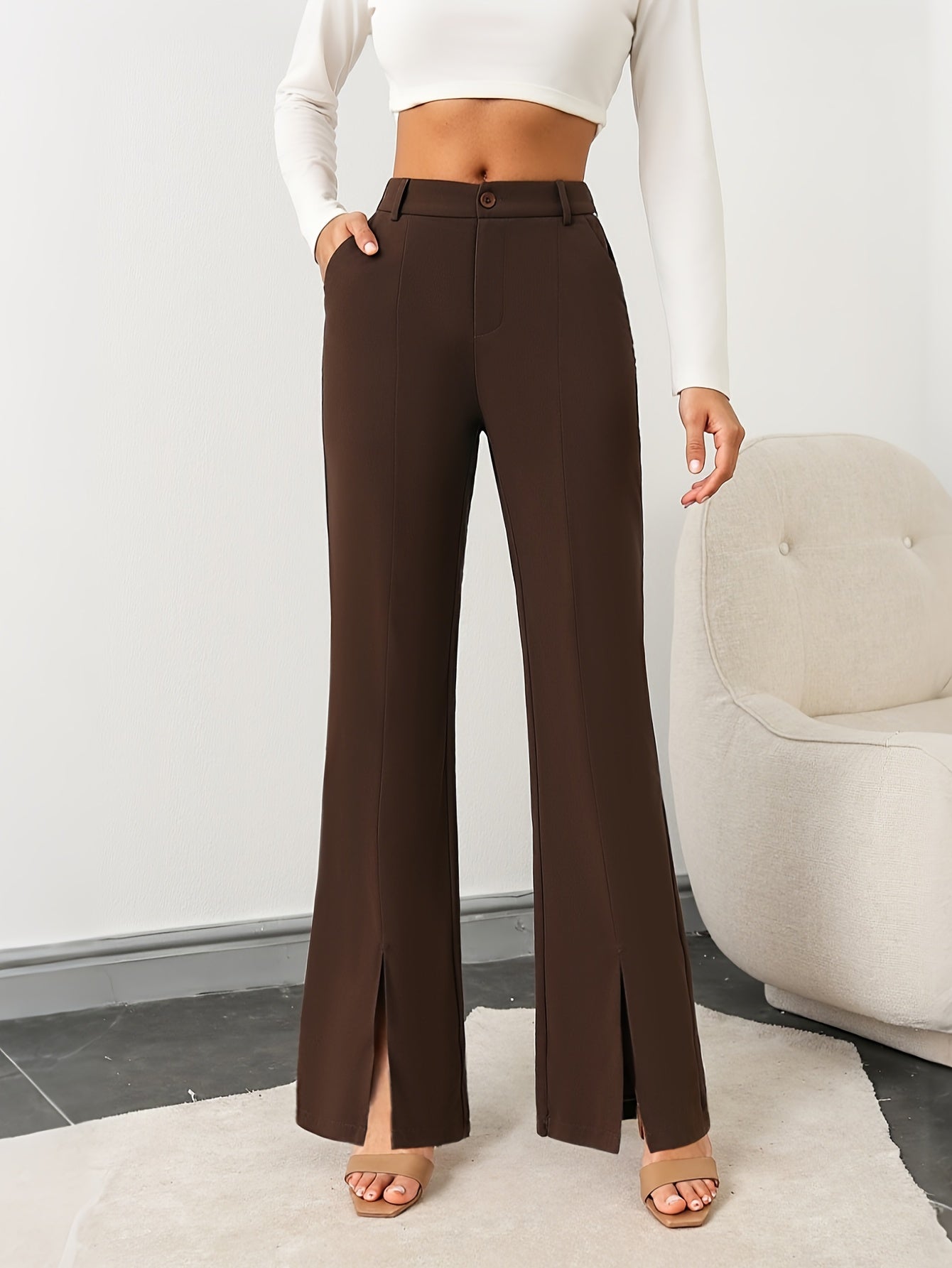 Pantalon Femme Extensible Noir – Costume, Résistant aux Plis, Taille Élastique avec Poches, Cheville Fendue, Boutons, Bureau et Décontracté, Printemps/Été/Automne
