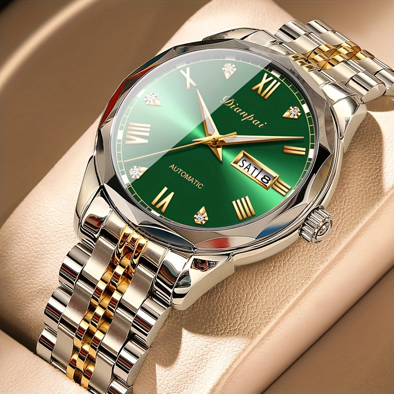 Luxury Men'S Fully Automatic Mechanical Watch with Luminous Calendar & Date Display - Stainless Steel Strap, Golden-Tone Dial, Business & Formal Wear, Without Battery, Formal Accessory, Professional Men, Stylish Men