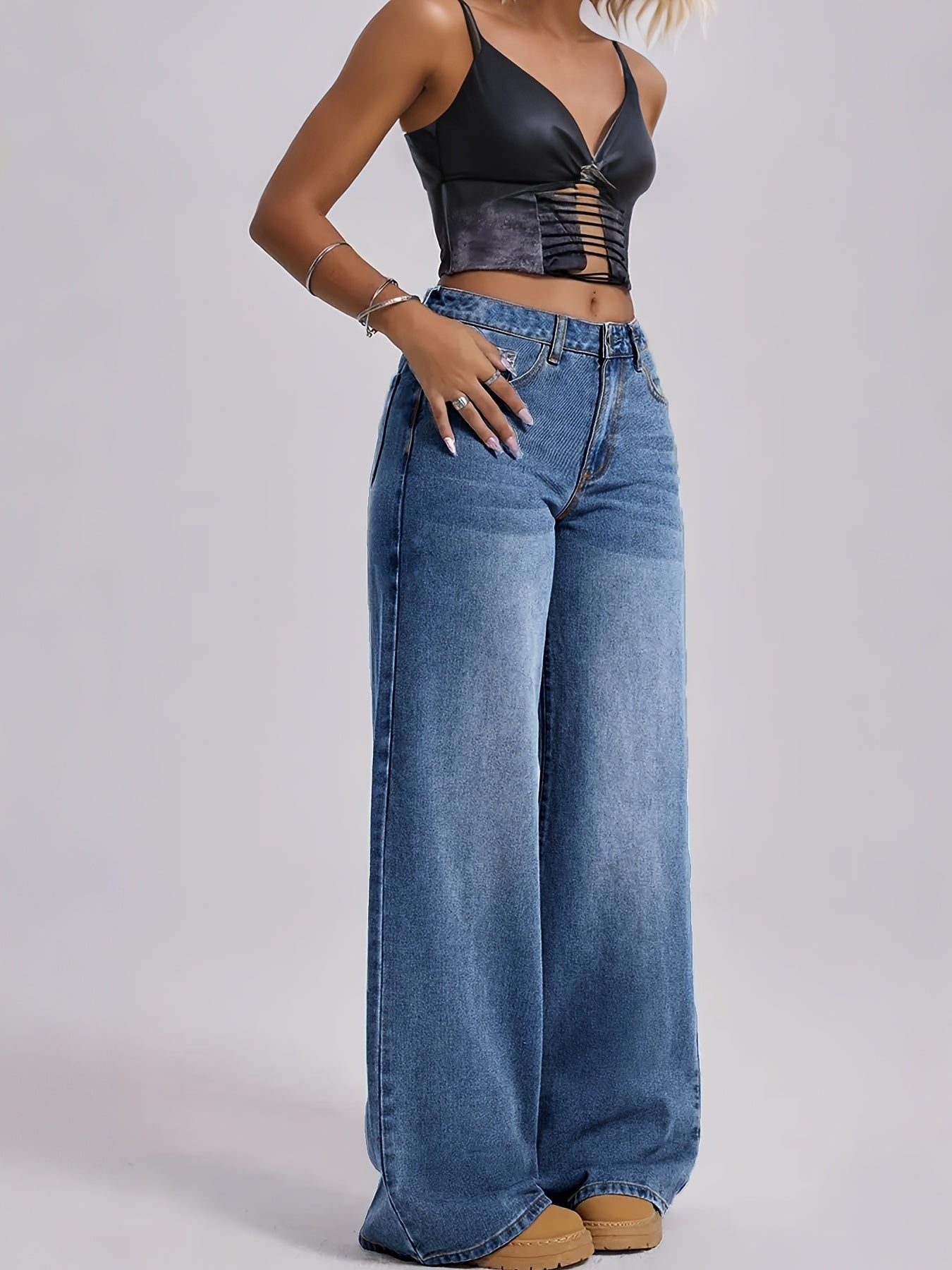 Jeans Femme Extensible – Jambe Droite, Bleu Effet Usé, Décontracté et Polyvalent