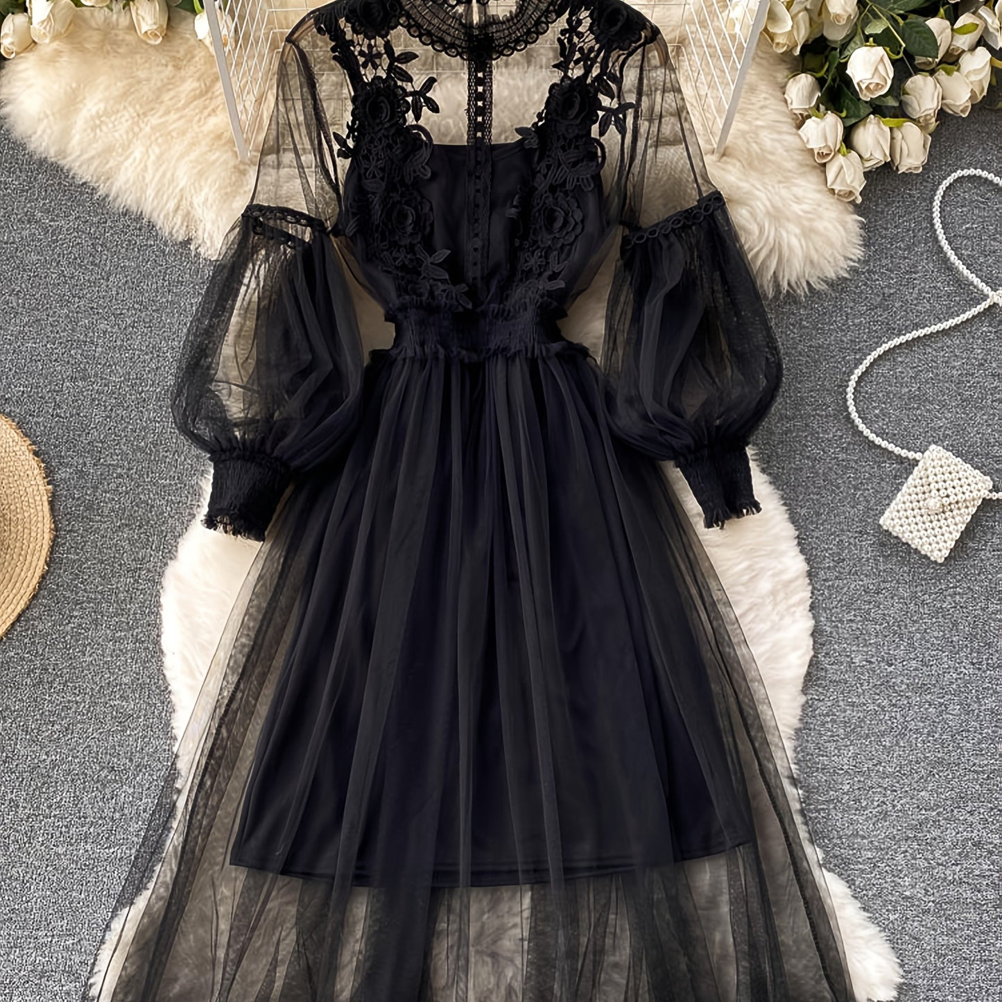 Ensemble Robe Élégante Femme – Blouse Transparente Brodée Florale avec Manches Lanternes, Jupe Longue Fluide, Débardeur en Dentelle, Idéal Printemps/Été/Automne, Cadeau Luxueux pour Femme