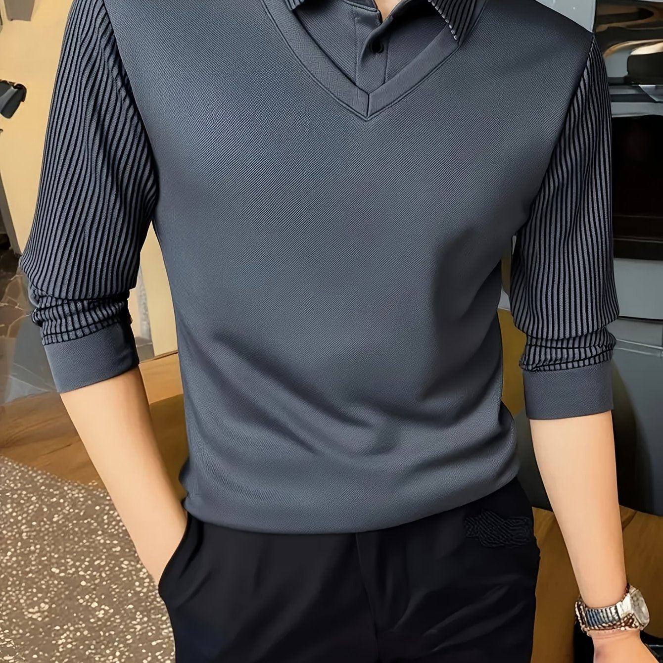 Men'S Two-in-One Long Sleeve T-Shirt - Navy & Striped Patchwork Collar Shirt, Button-Up Front, Breathable Fabric, Regular Fit for Business & Casual Wear, Versatile Clothing | Classic Collar Shirt | Stylish Contrast Design