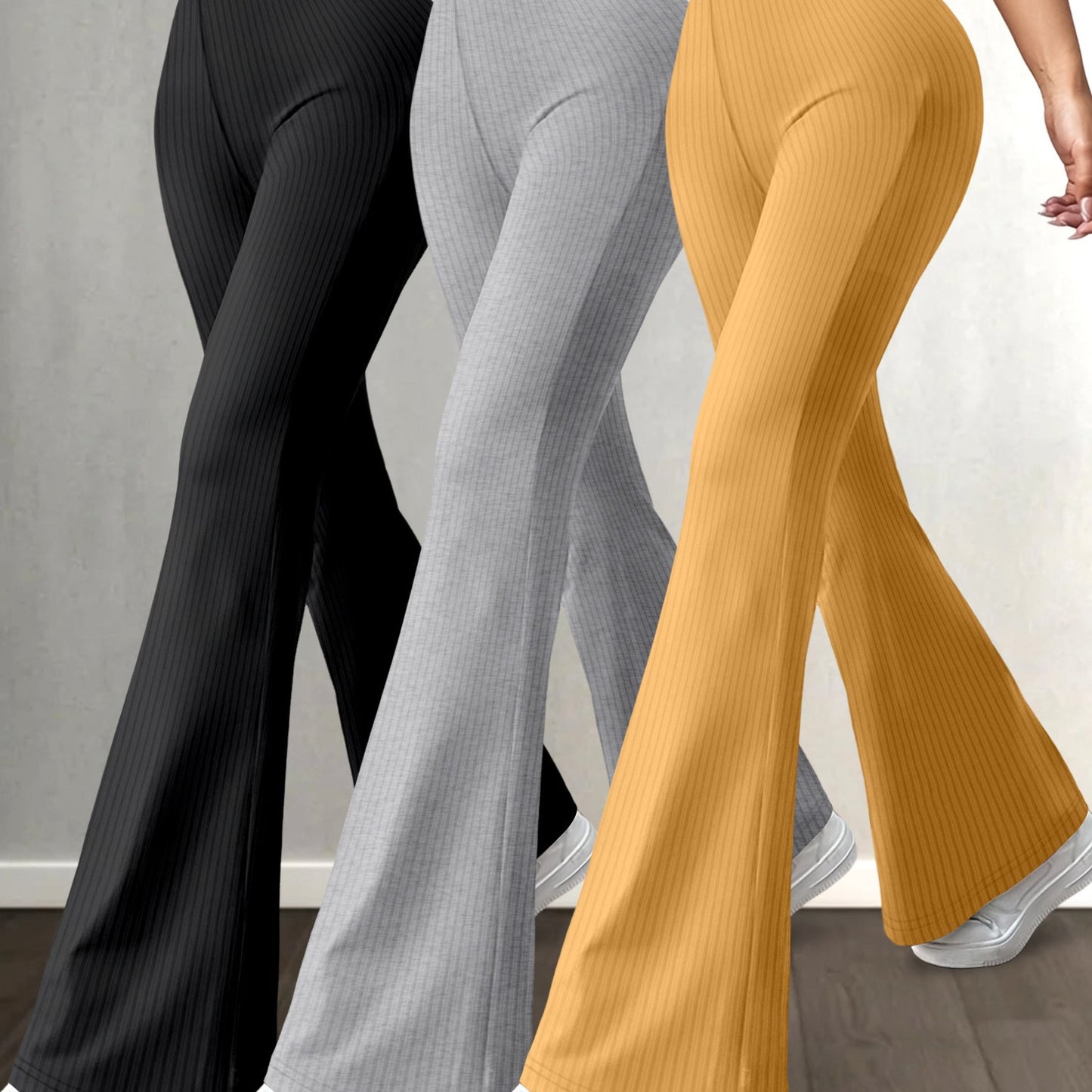 Lot de 3 Pantalons Femme Taille Haute – Jambe Évasée, Couleur Unie, Extensibles et Confortables