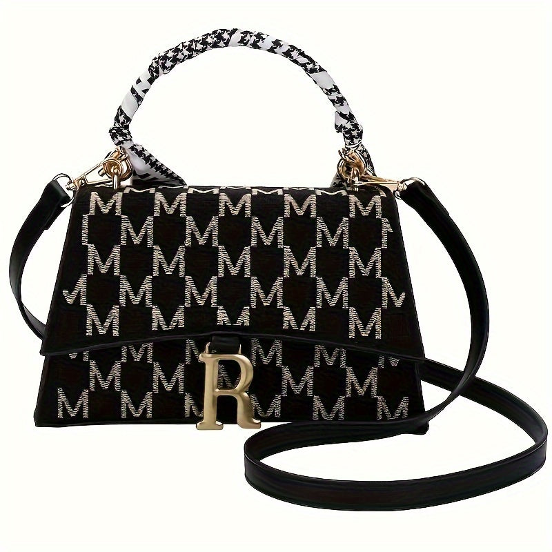 Sac épaule noir et blanc avec lettre « M » et ferrure dorée – bandoulière ou crossbody polyvalent, grande capacité, cadeau idéal pour femmes, accessoire chic, parfait pour Noël
