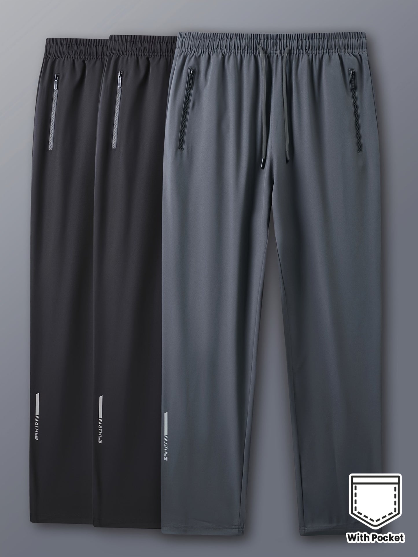 3pcs Joggers Homme – Imprimés, Cordon, Poches Zippées, Polyester, Casual