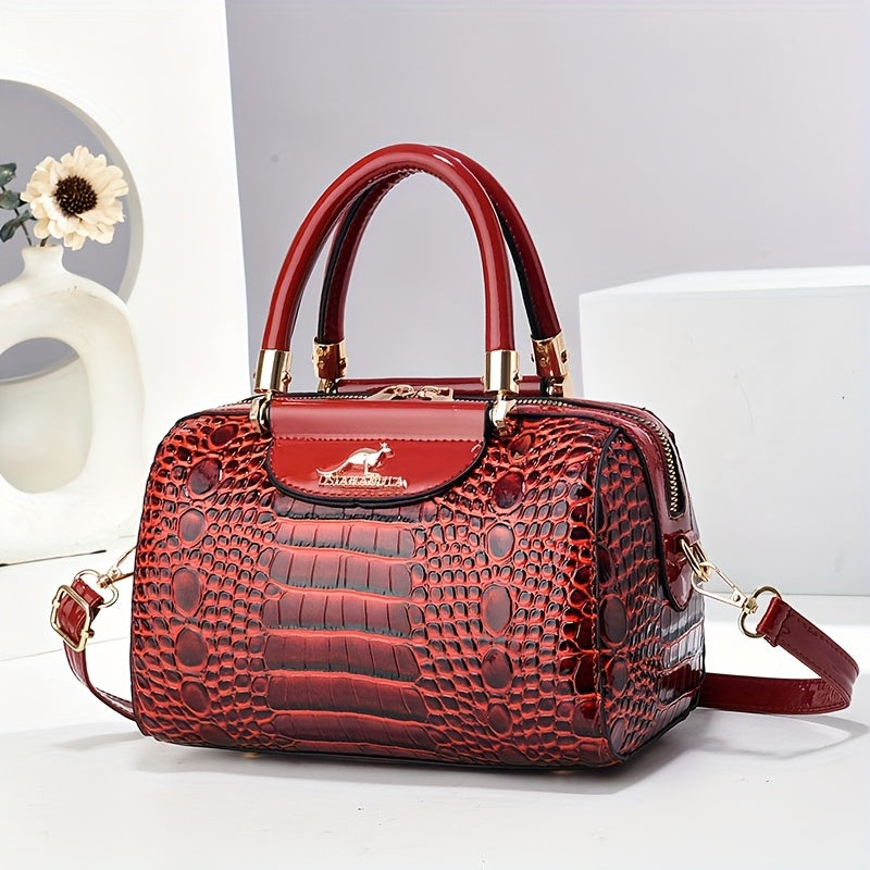 Sac noir en PU pour femmes – motif crocodile brillant, fermeture zippée, grande capacité, sac oreiller, bandoulière simple, idéal travail, trajets et voyage