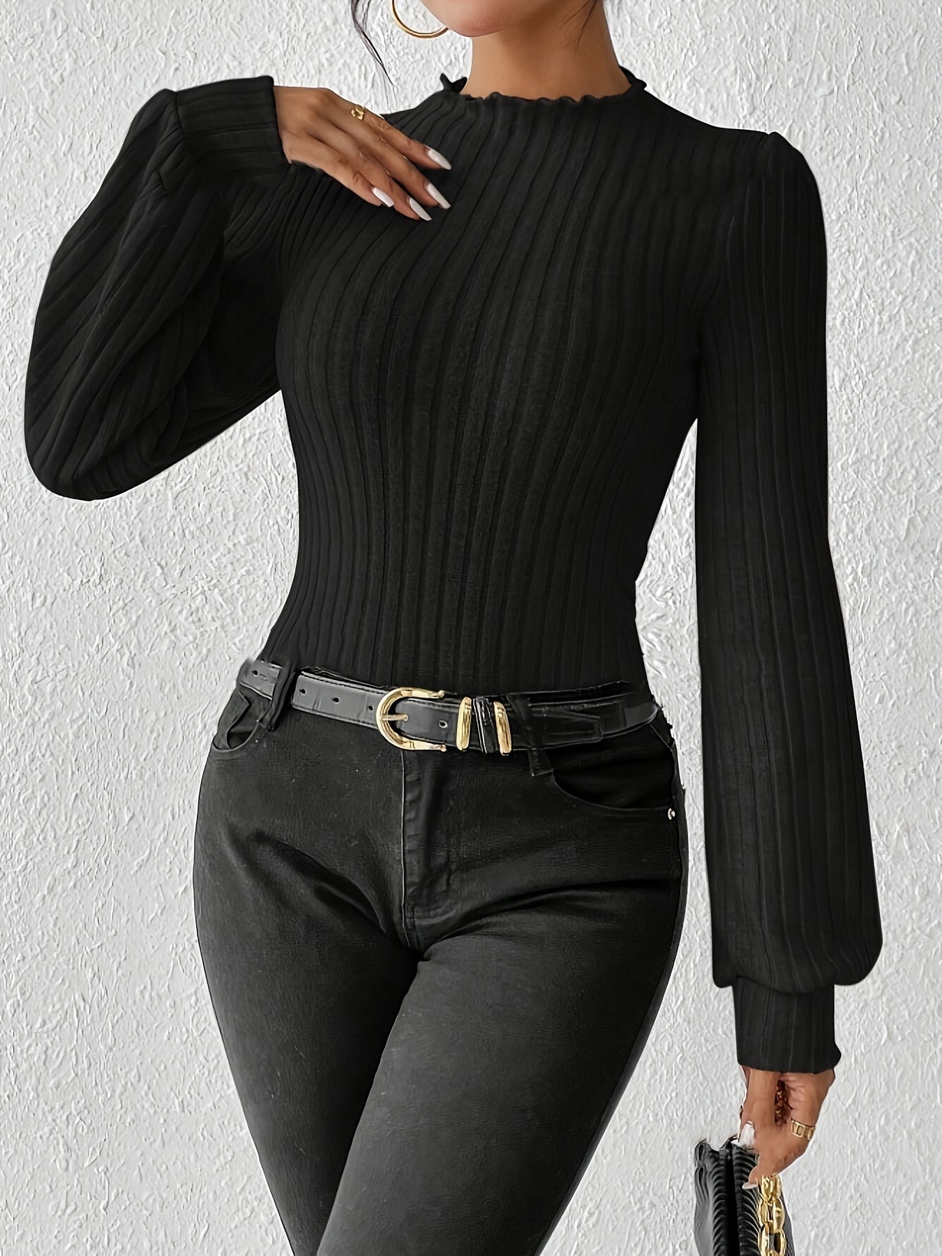 Body élégant femme à manches longues, col montant, en maille côtelée, couleur unie