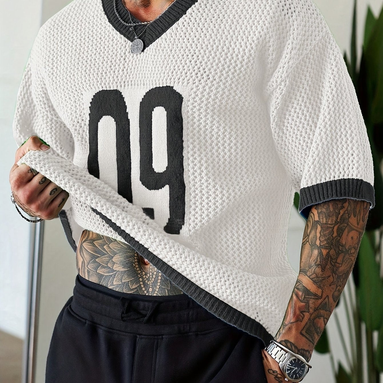 Men's Street Style Contrast Color V-Neck Numeral Print Raglan Knitted Pullover Men Jersey Knit Top Men Men Vacation Men Knit Tops Men Jersey