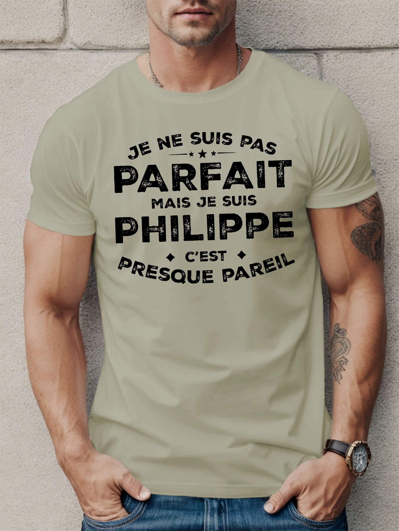 Men'S Casual French Quote T-Shirt - "Je Ne Suis Pas Parfait Mais Je Suis Philippe" with Star Design, Black Short Sleeve Tee for Summer, Comfortable Fit, Everyday Tshirt | Humorous Statement Shirt | Stretchable Fabric