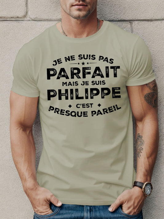 Men'S Casual French Quote T-Shirt - "Je Ne Suis Pas Parfait Mais Je Suis Philippe" with Star Design, Black Short Sleeve Tee for Summer, Comfortable Fit, Everyday Tshirt | Humorous Statement Shirt | Stretchable Fabric