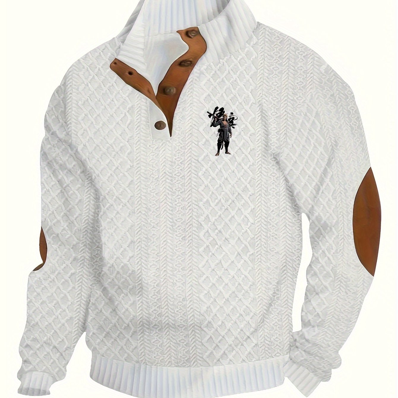 Men's Thermal Fleece-Lined Winter Sweater - Stand Collar Long Sleeve Cable-Knit Pullover with Button Detail, Solid Color Casual Outdoor Wear, Machine Washable, Knit Sweater, Stylish Knitwear, Jacquard Pattern