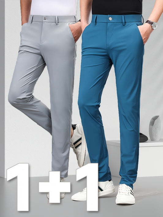 (2pcs) Men's Slim-Fit Business Straight-Leg High-Elasticity Mid-Rise Zipper Solid Color Classic Casual Golf Pants, No Ironing Required, Premium Hand-Wash Comfortable Fabric for All-Season Casual Business Trousers