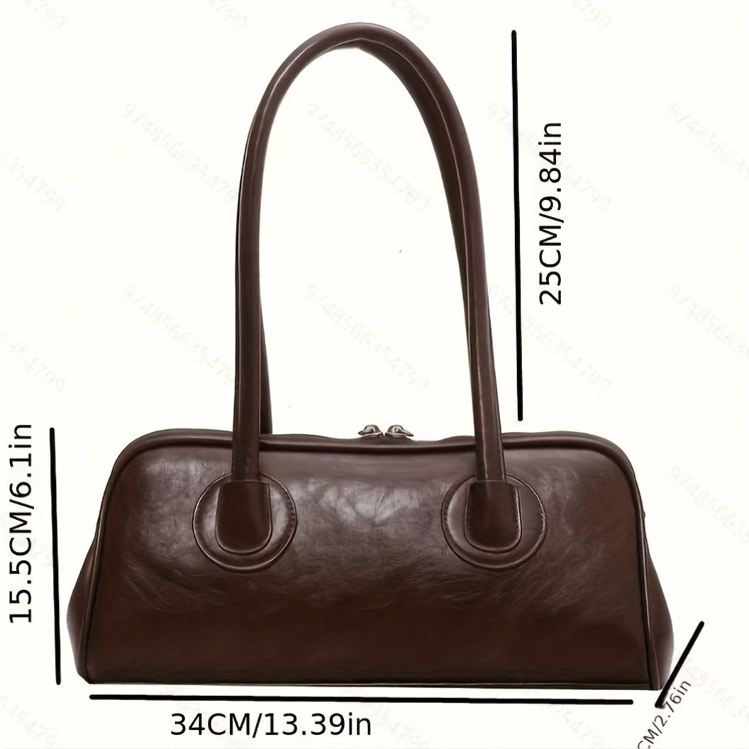 Sac épaule vintage pour femmes – style baguette français chic automne/hiver 2025, doublure polyester, fermeture zippée, marron foncé élégant avec ferrures dorées, polyvalent et sécurisé pour voyages