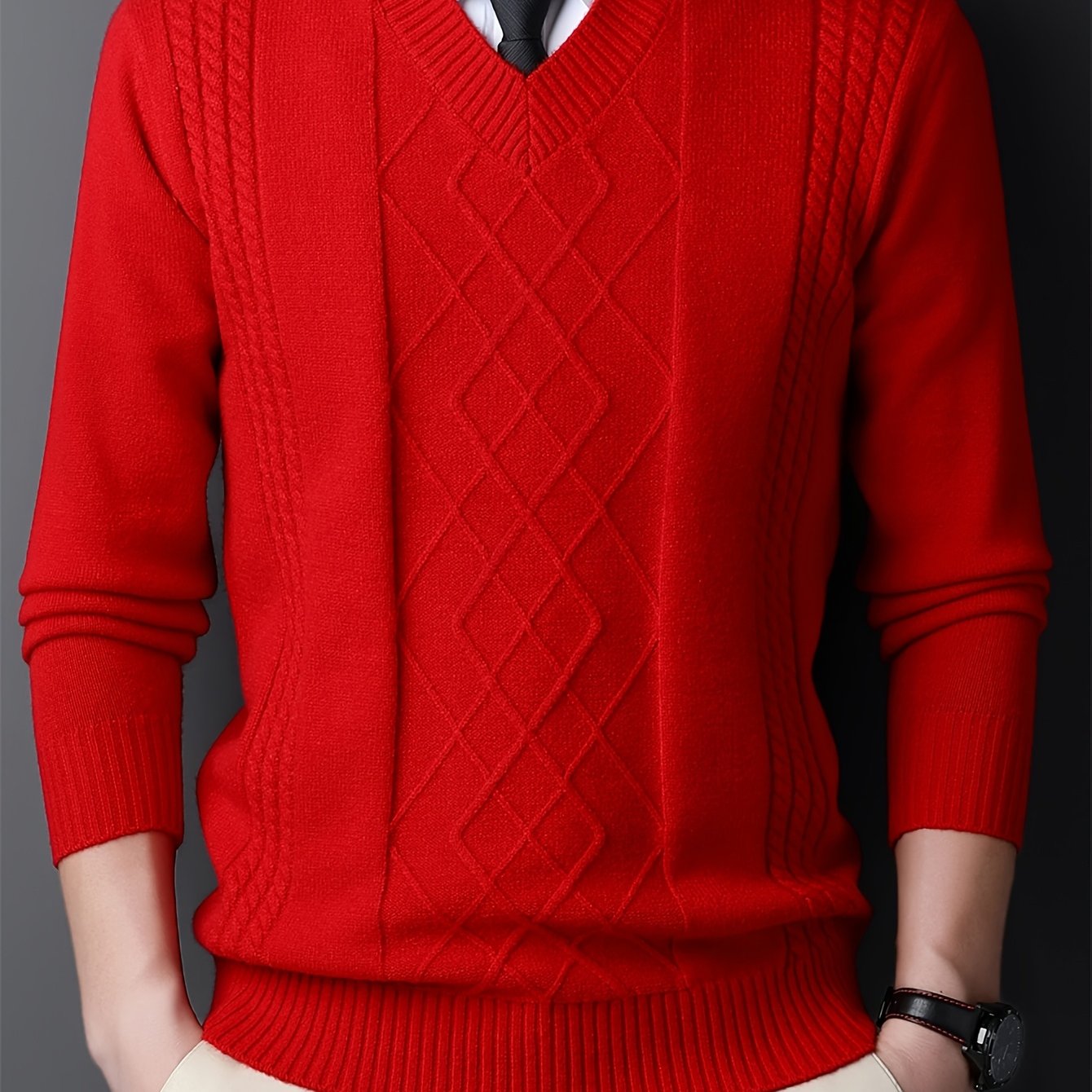 New Men's Knit Sweater with Twisted Floral V-Neck Long Sleeve Casual Top