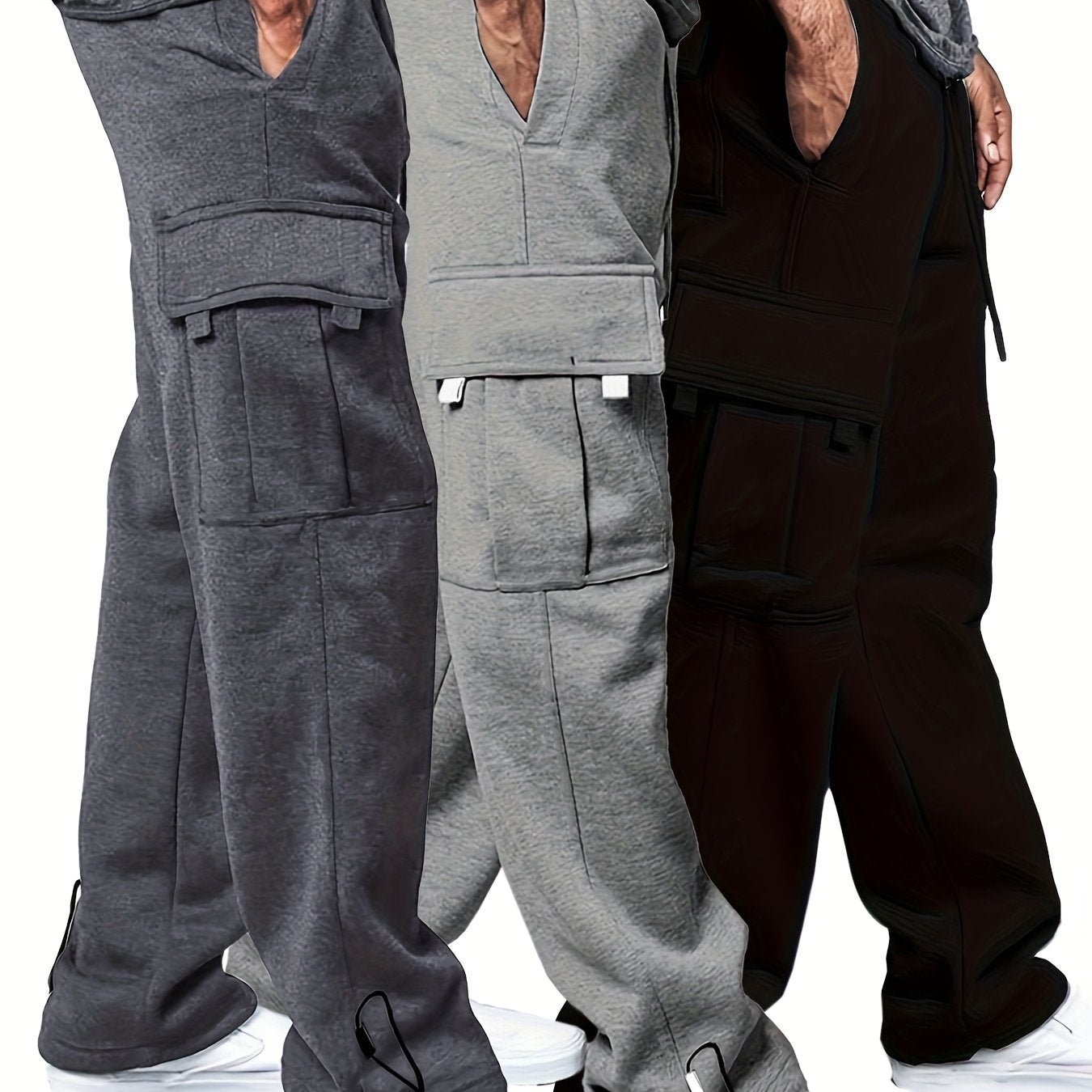 3pcs Pantalons Cargo Homme – Casual, Multipoches, Cordon & Poignets Élastiques, Regular Fit