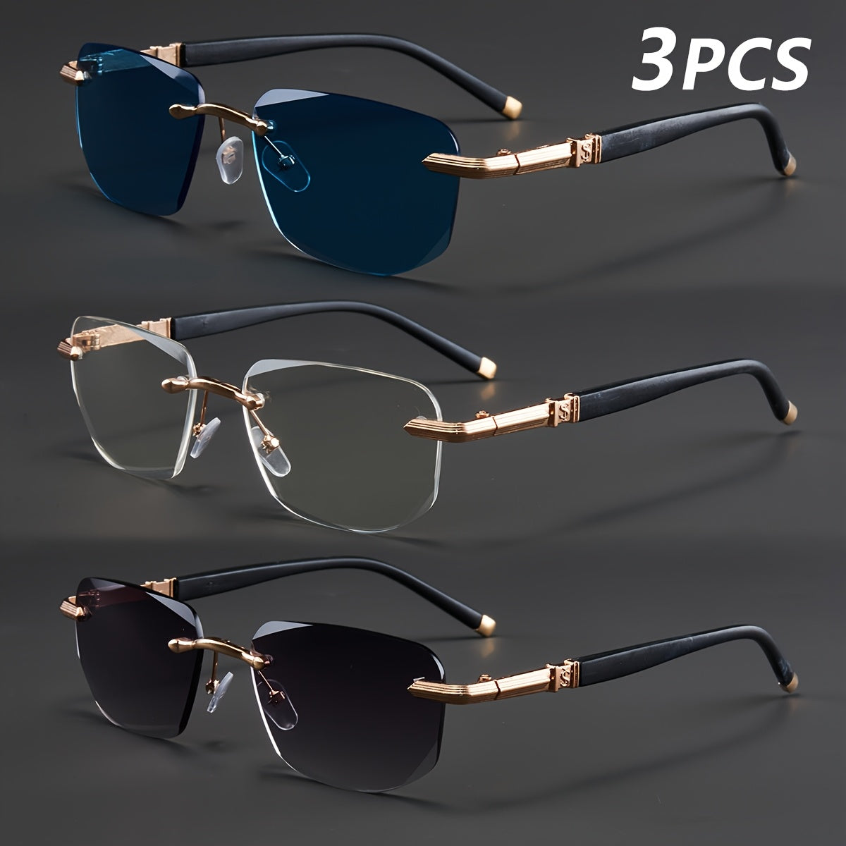 3-Pack, Stylish Men's Frameless Reading Glasses, Elegant Metal Frame, Options: 100, 150, 200, 250, 300, 350, 400 Degrees,christmas Gifts