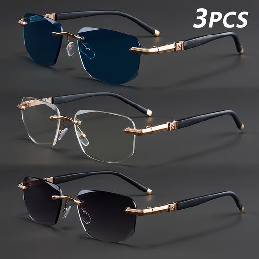 3-Pack, Stylish Men's Frameless Reading Glasses, Elegant Metal Frame, Options: 100, 150, 200, 250, 300, 350, 400 Degrees,christmas Gifts