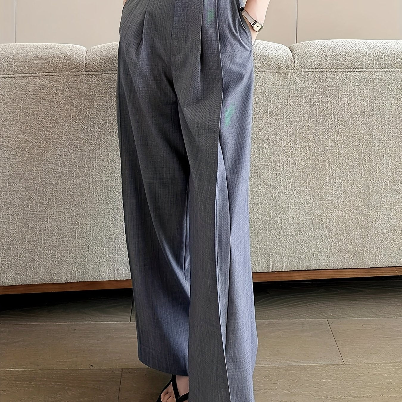 Pantalon Femme Taille Haute – Jambe Large Gris, Élégant, Bureau et Décontracté, Tous Saisons