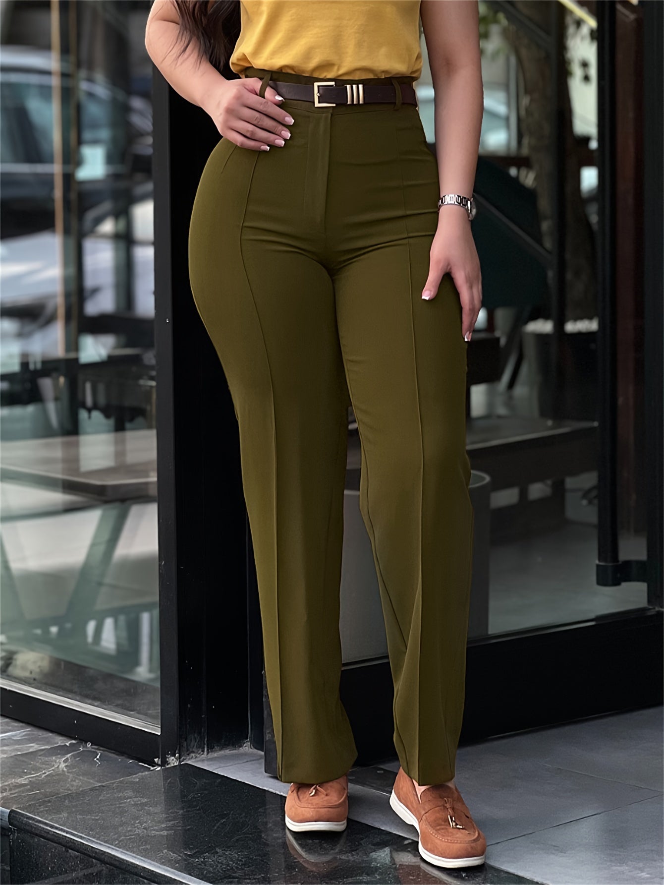 Pantalon Femme Taille Haute – Costume Noir Élégant, Jambe Droite, Polyester, Tous Saisons