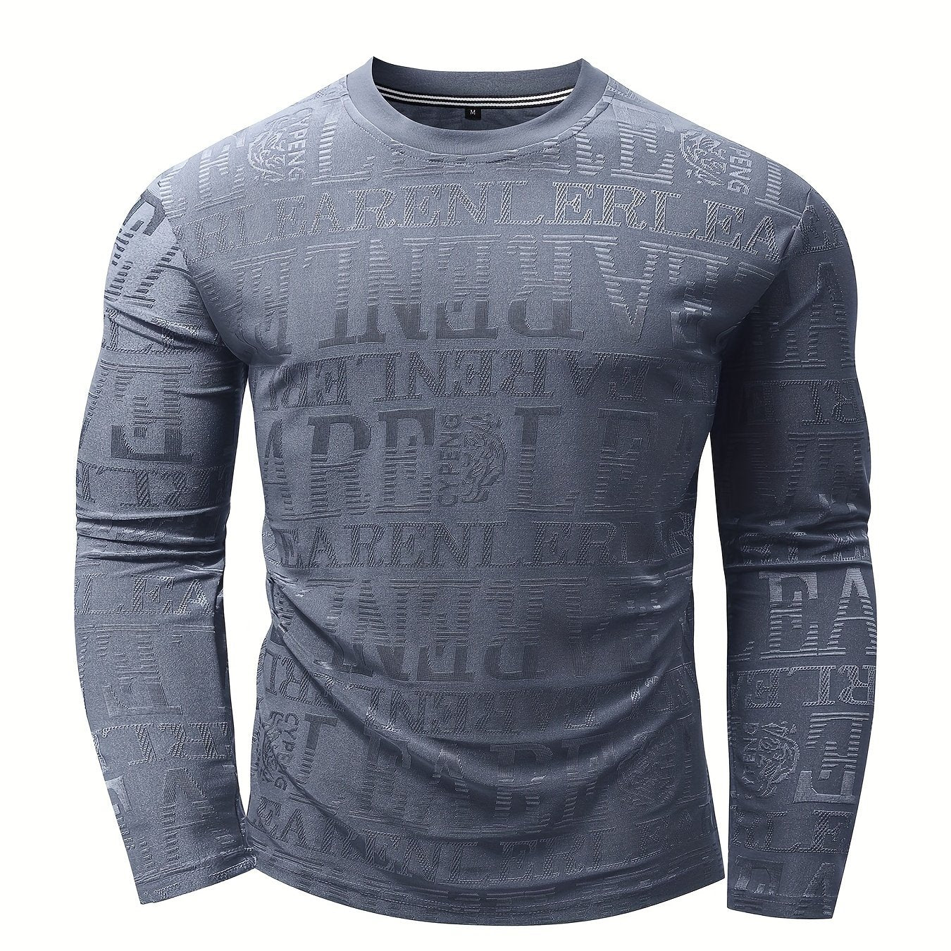 Men's Slim-Fit Casual Long Sleeve T-Shirt with Geometric Letter Design - Breathable Polyester, Machine Washable