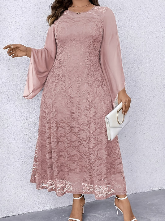 Robe Grande Taille Femme – Élégante, Couleur Unie, Bordure en Dentelle, Coupe A-Line Maxi, Manches Bouffantes, Ourlet Contraste en Dentelle, Longueur Sol, Robe Formelle et Semi-Formelle, Tenue Polyvalente Toute Saison