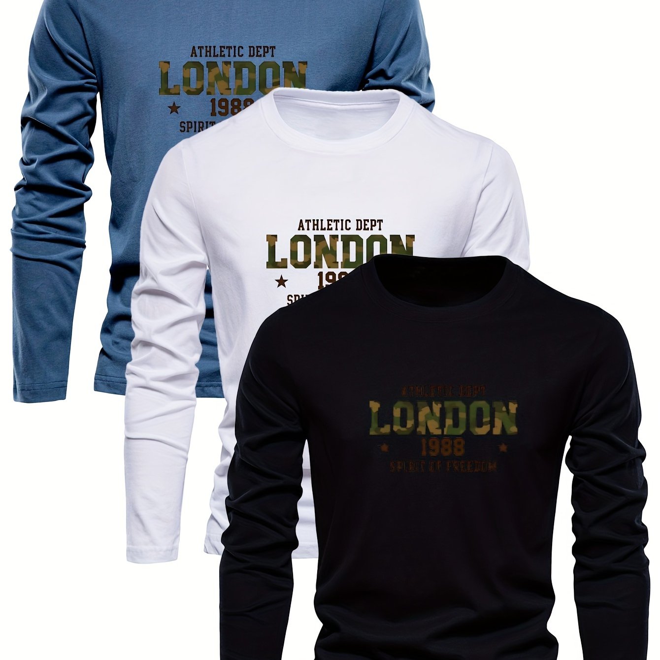 3pcs Men'S Heavyweight Long Sleeve T-Shirts - Soft Crewneck Sweatshirts, Athletic Department Graphic (1986, 1999, 2001) - Beige/Black/White Color Options - Everyday Casual & Formal Wear - Breathable Tops for Men, Sweater Tops
