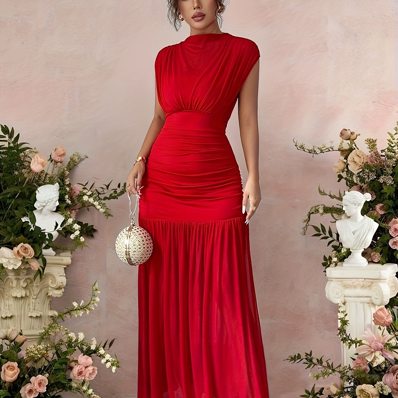 Robe Femme Élégante Rouge Longue au Sol — Col Bateau, Coupe Sirène/Trumpet, Col Smock et Taille Cintrée, Tissu Extensible, Couleur Unie, Idéale pour Soirées, Mariages et Cérémonies