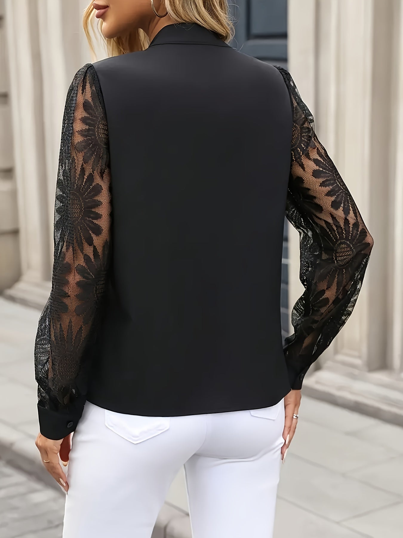 Chemisier élégant col V pour femmes grande taille, manches longues, bordure en dentelle, tissu non extensible, tenue formelle et bureau, noir