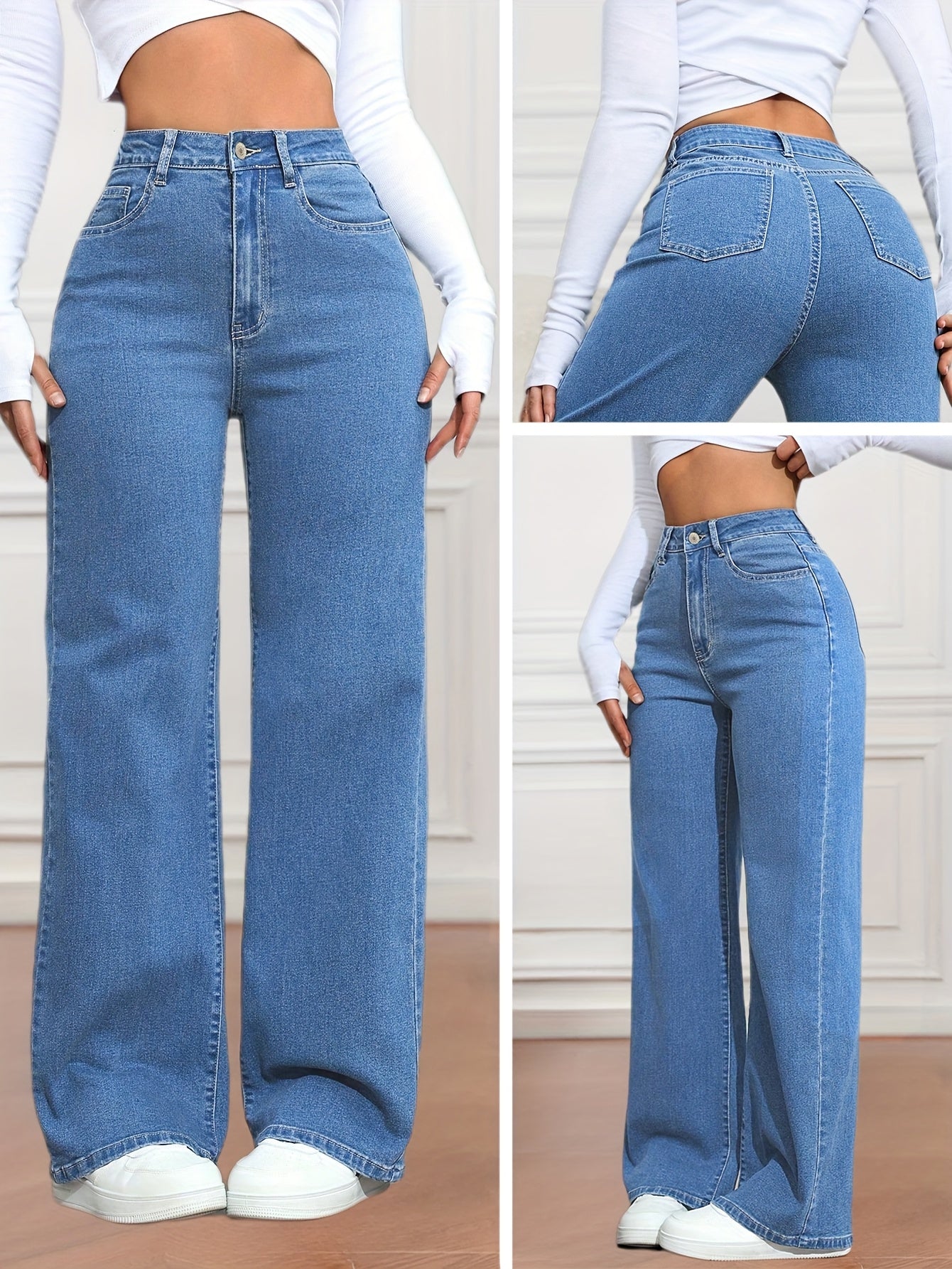 Jeans femme bleu à jambes larges – décontracté, denim extensible, fermeture à boutons, confort toutes saisons, tenue décontractée | jeans larges | tissu tissé