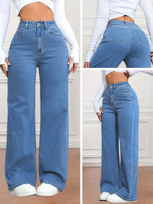 Jeans femme bleu à jambes larges – décontracté, denim extensible, fermeture à boutons, confort toutes saisons, tenue décontractée | jeans larges | tissu tissé