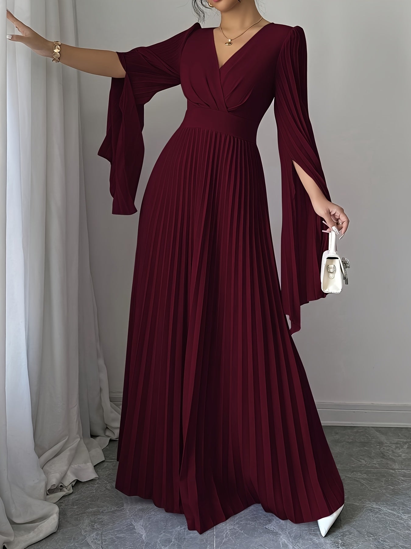 Elegant And Romantic Long Dress for Women with a V-Neck And Pleated Open Sleeves, Perfect for Parties, Gatherings, And Casual Occasions. This Solid Color, Waist-Cinching, Pleated Skirt Is a Fashionable And Versatile Choice fo