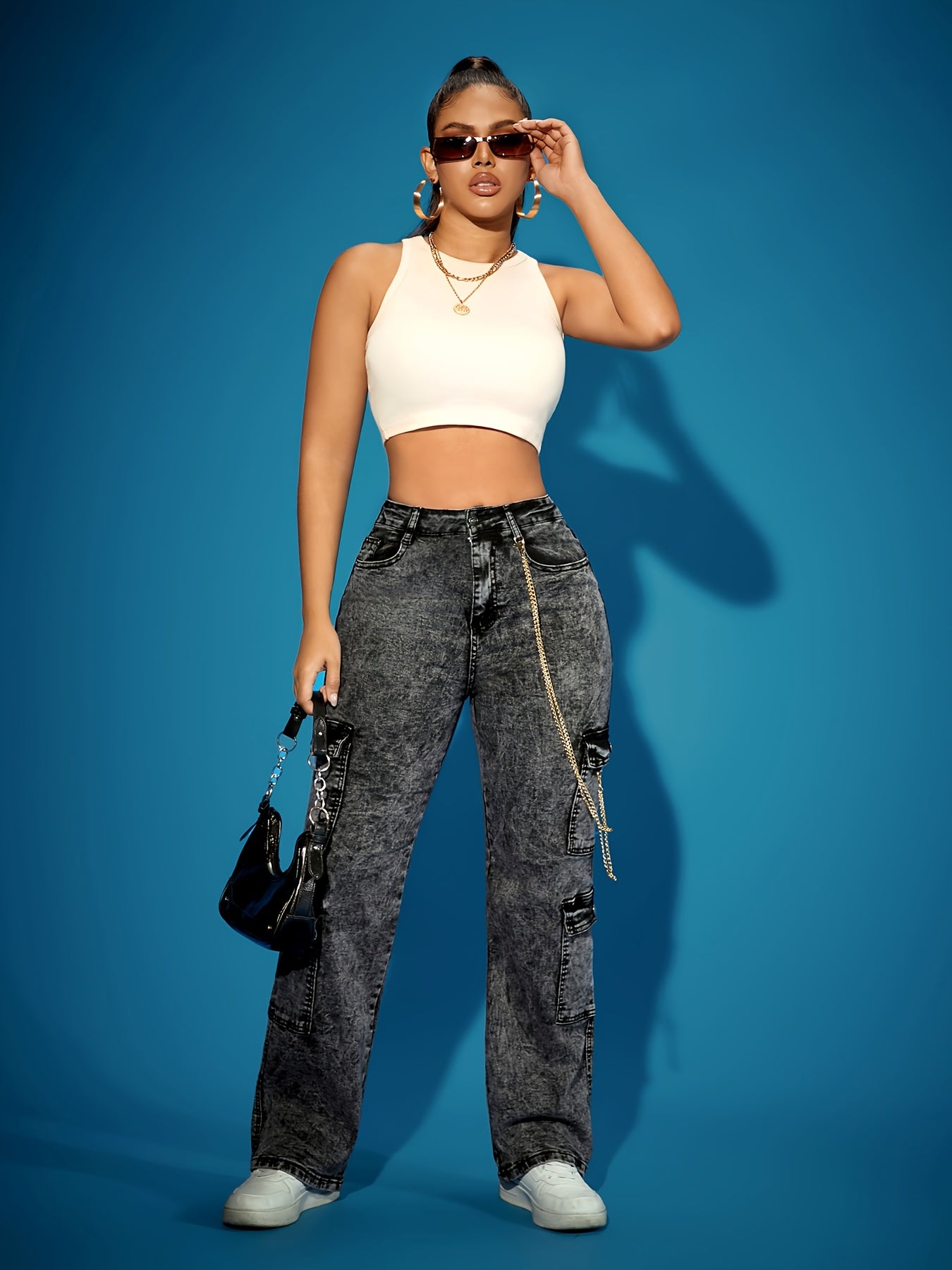 Jeans Cargo Femme Taille Haute Extensible Couleur Unie Chaîne Boutons Toute Saison Longueur Totale