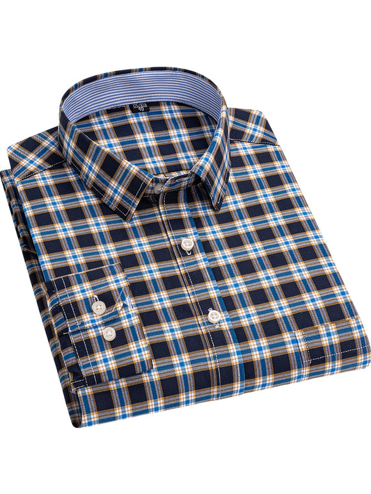 Men'S Formal And Business Casual Shirts - Classic Blue/Red/Beige Checkered, Long-Sleeve Button- Shirts, Non-Stretch Fabric, Suitable for Office, Meetings, And Casual Wear - a Must-Have for Spring And Autumn, Plaid Design, Smo