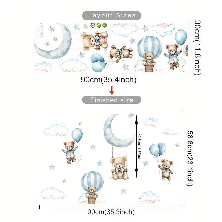 Blue and Pink Hot Air Balloon Bear Wall Sticker – Self-Adhesive Vinyl Nursery Wall Decal