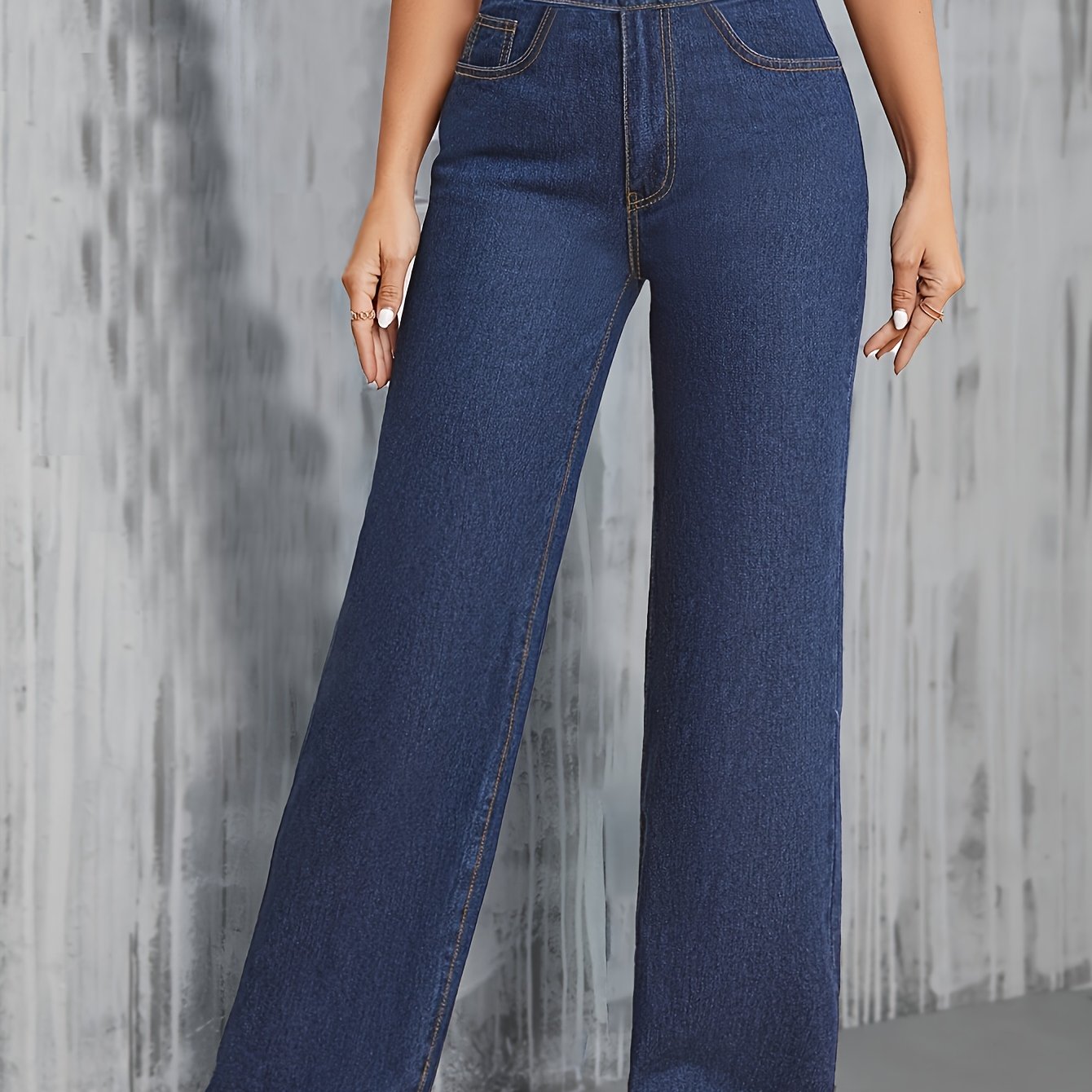 Jeans Femme Taille Haute – Jambe Droite Extensible, Bleu Effet Usé, Tous Saisons, Bureau et Décontracté
