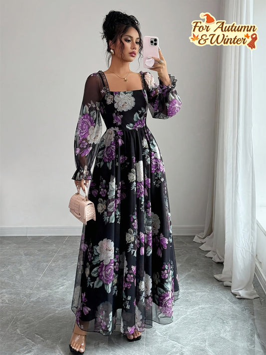 Robe A-Ligne Élégante – Col Carré, Manches Bouffantes, Imprimé Floral Noir, Violet et Vert, Détail Froncé, Manches Longues, Automne/Hiver, Tenues Décontractées et Formelles