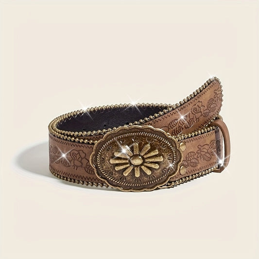 Ceinture vintage pour femmes – Boucle florale et géométrique, marron, style western, ceinture polyvalente pour tenue décontractée du week-end, accessoire de tenue décontractée, ceinture motif floral
