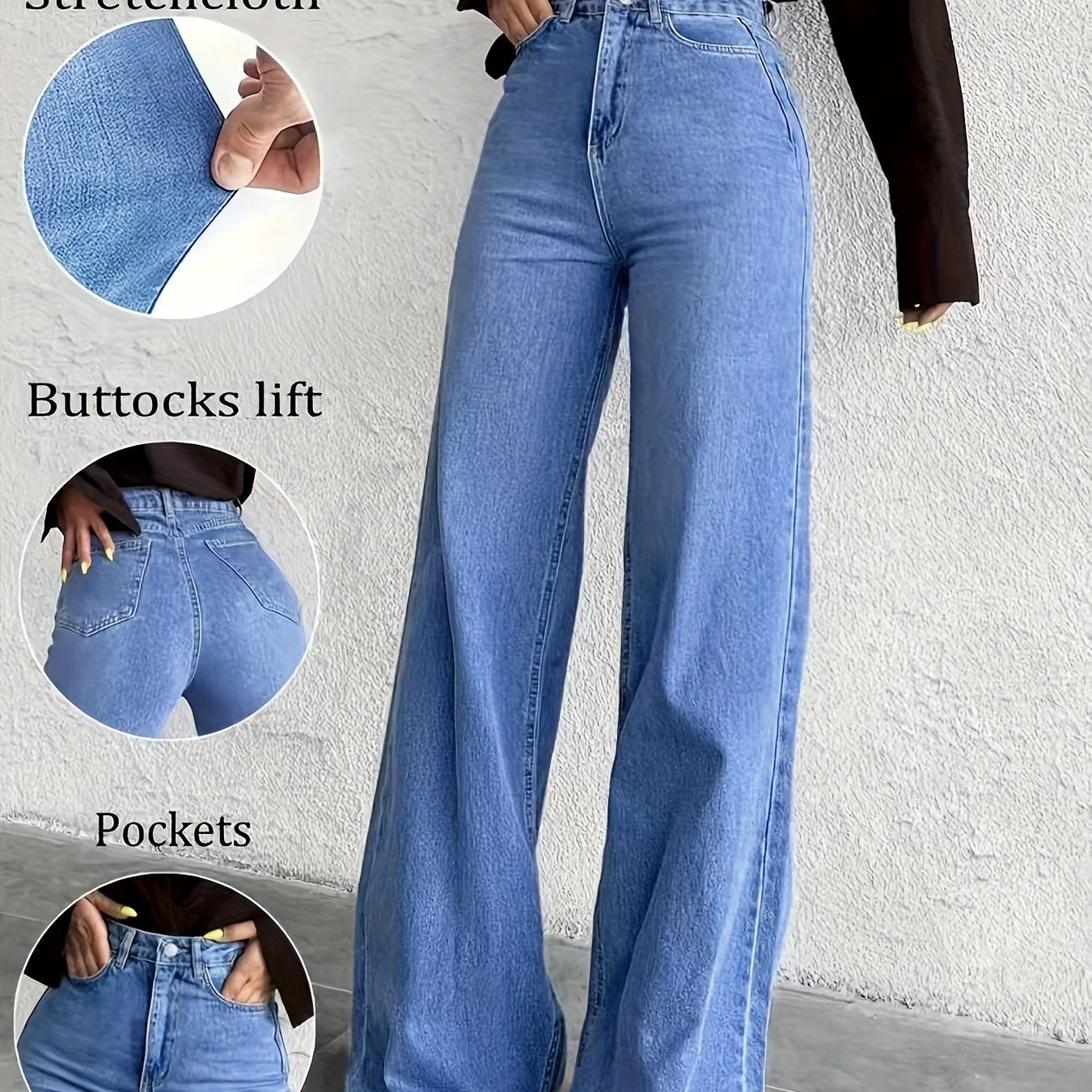 Jeans Taille Haute Évasé Extensible Contrôle Ventre Effet Push-Up Toute Saison Élégant Denim
