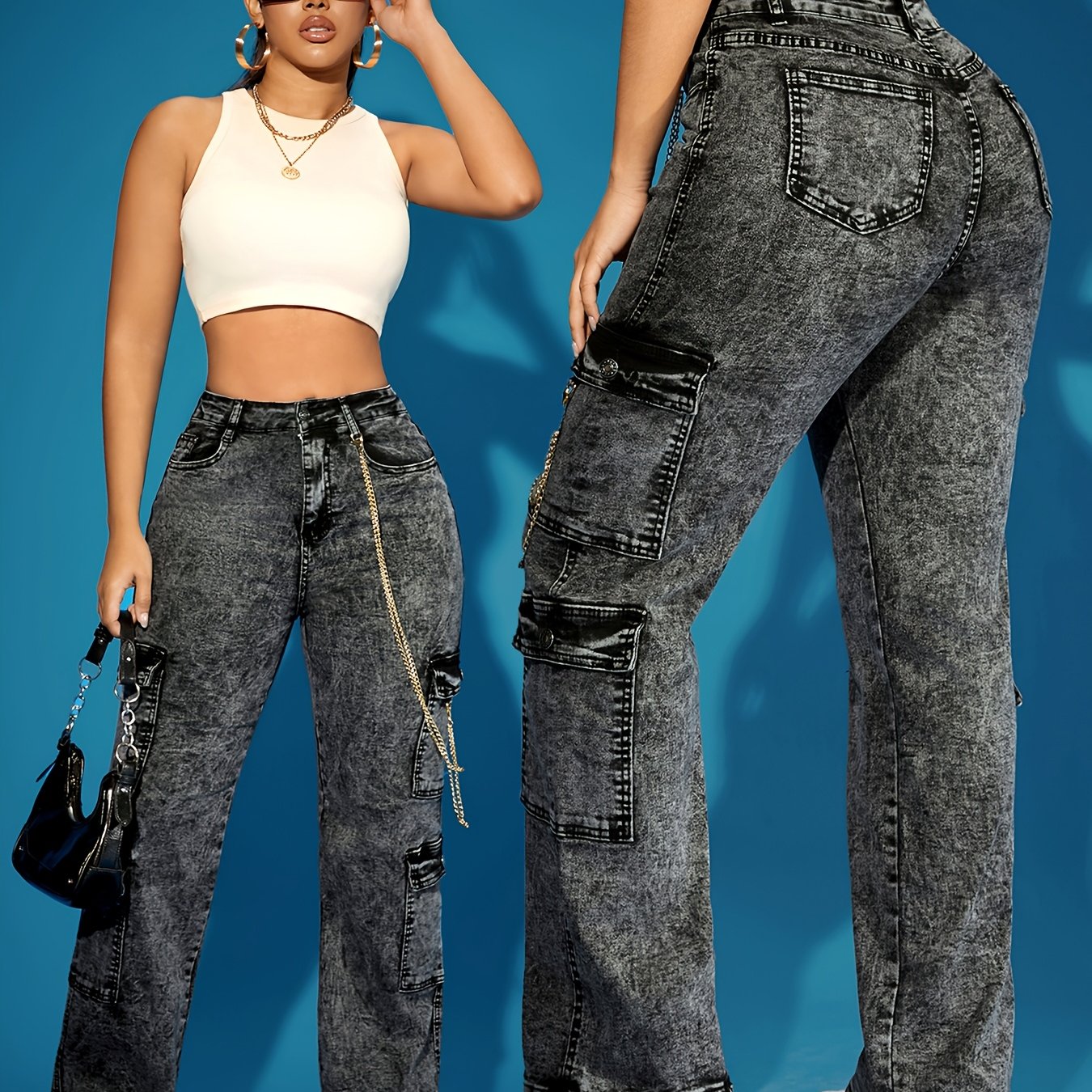 Jeans Cargo Femme Taille Haute Extensible Couleur Unie Chaîne Boutons Toute Saison Longueur Totale