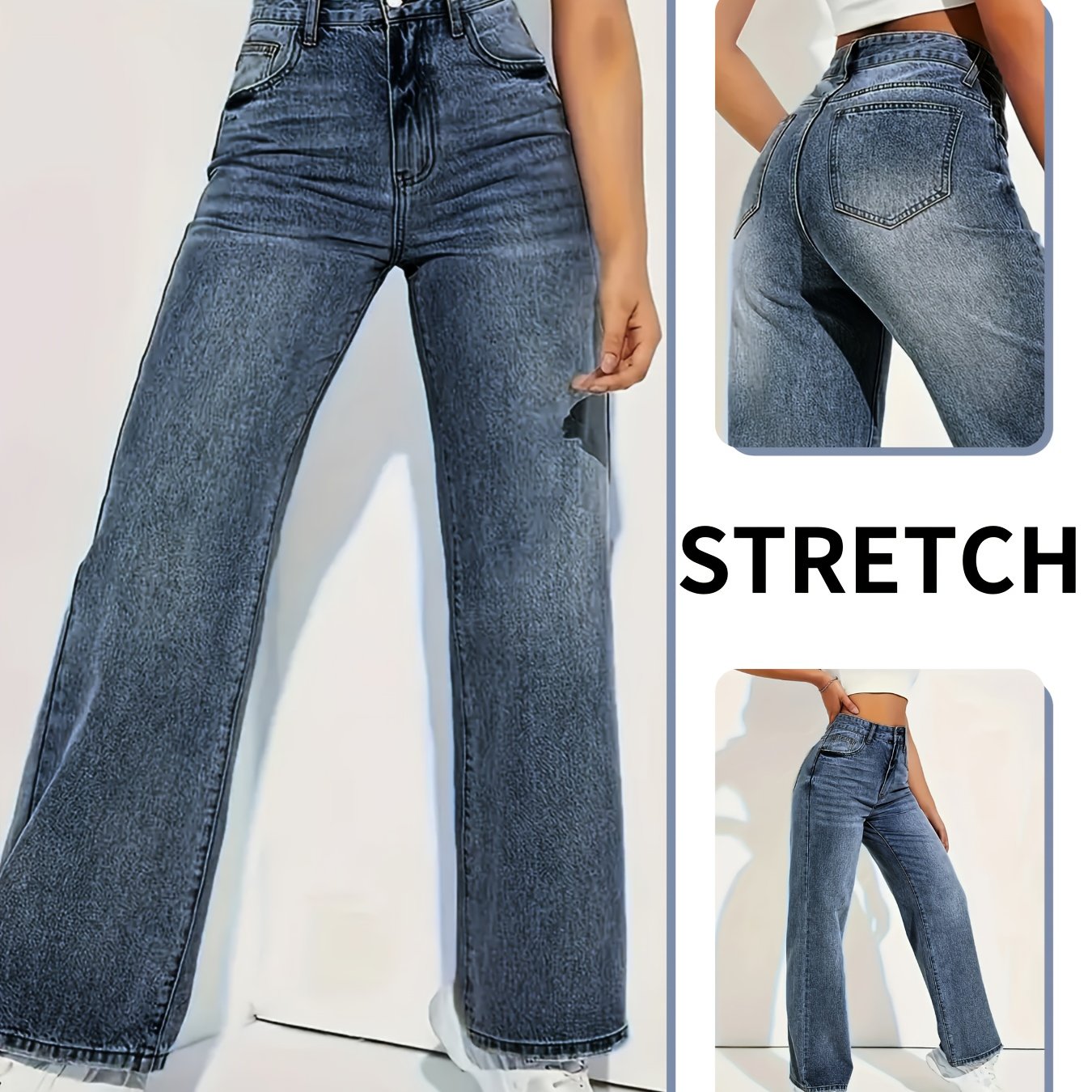 Pantalon Femme Jambe Droite Denim Extensible Bleu Poches Taille Sans Ceinture Slim Toute Saison Élégant Bureau et Décontracté