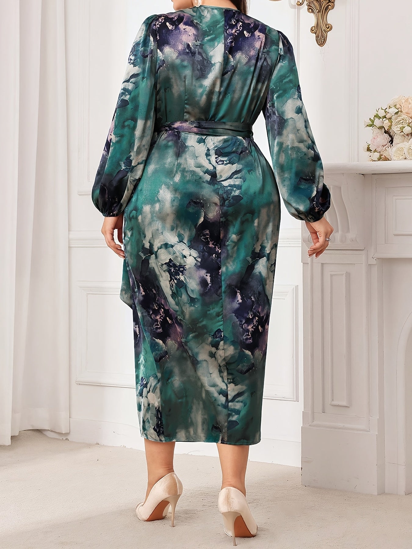 Robe maxi grande taille femme – imprimé floral élégant, manches lanterne, col croisé, taille ajustable, manches longues, coupe bodycon, lavable en machine, tenue toutes saisons