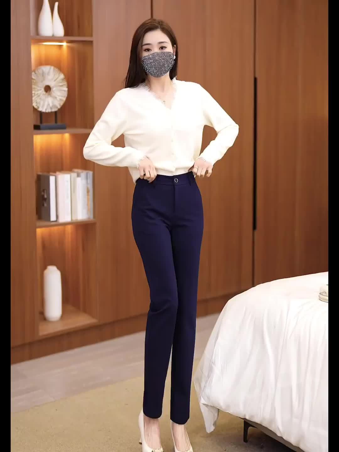 Pantalon Femme Taille Haute – Jambe Droite Noir, Confortable, Taille Élastique, Boutons, Bureau et Décontracté