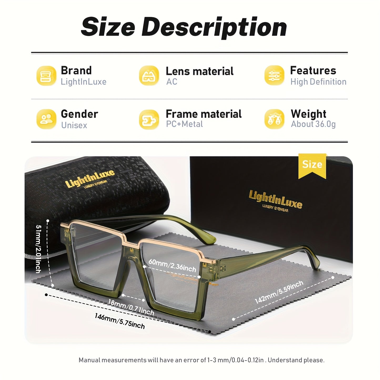 Lightinluxe Unisex Fashion Semi-Rimless Transparent Eyewear, Casual Square Clear Eyeglasses