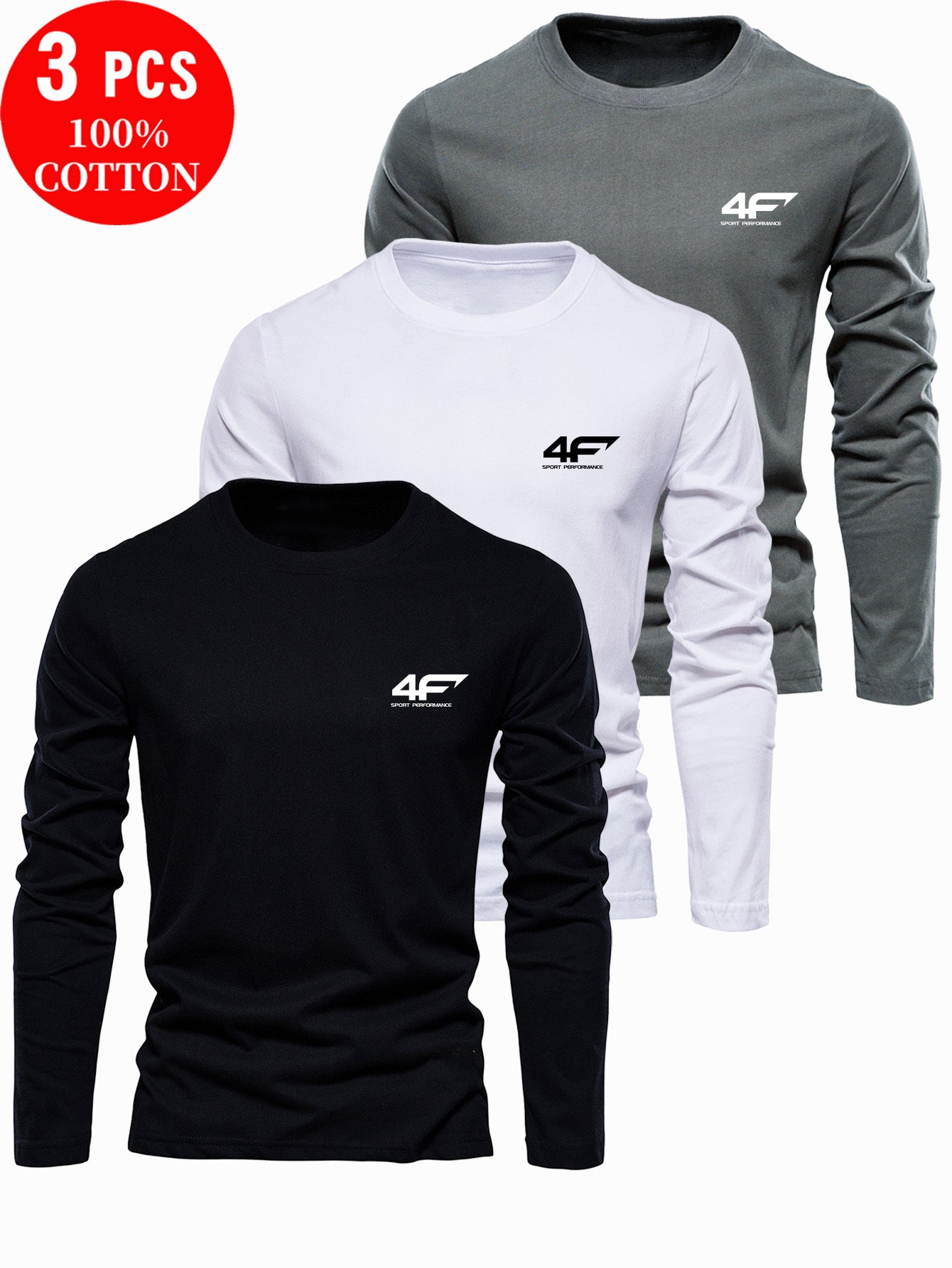 3pcs 100% Cotton T-Shirts, New Fashion Spring/Autumn Casual Long Sleeve Men's Printed Tee Stylish Base Layer Shirt for Outdoor and Casual Attire