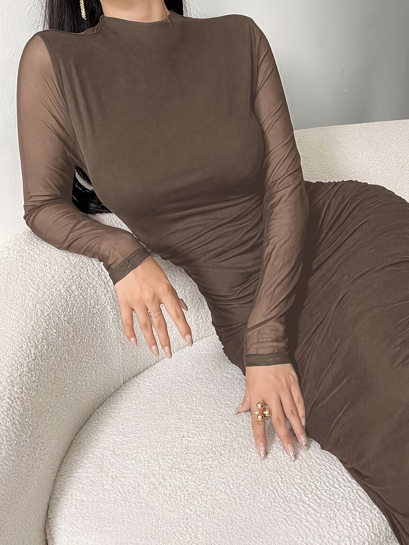 Elegant Dress with Long Sleeves, Stand Collar, And Mesh Ruffles